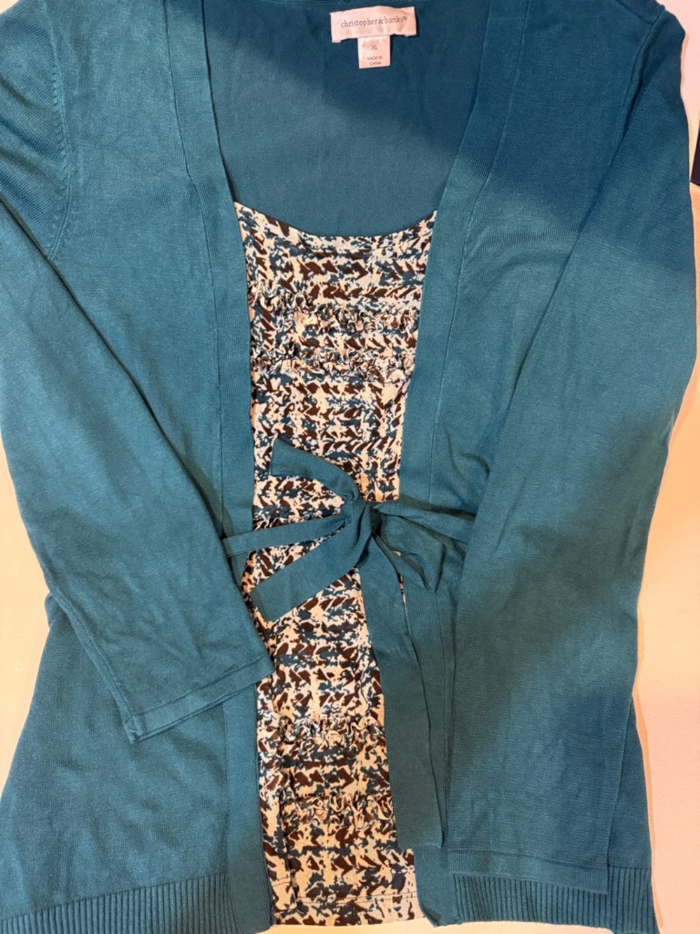 Christopher & Banks Teal Knit Tie-Front Cardigan with Printed Shell
